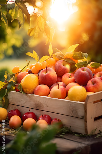 Various kinds of fruits harvested in a wooden box in an orchard with sunset. Natural organic fruit abundance. Agriculture  healthy and natural food concept. Horizontal composition.