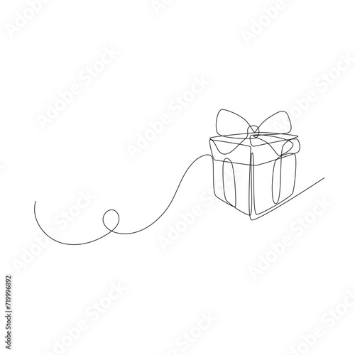 Single continuous line art drawing of gift box. Linear present. Editable stroke
