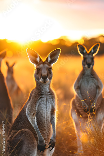 Kangaroo standing in the savanna with setting sun shining. Group of wild animals in nature. © linda_vostrovska