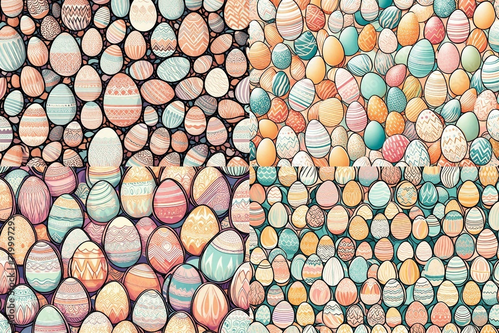 Dynamic and captivating, an illustration showcases interlocking Easter eggs in a seamless pattern, radiating retro charm against a backdrop of soft pastel colors. Dynamic and captivating, an illustration showcases interlocking Easter eggs in a seamless pattern, radiating retro charm against a backdrop of soft pastel colors.