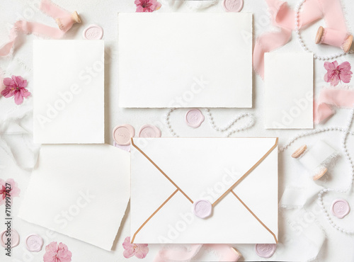 Cards set near pink decorations, seals and silk ribbons on white table top view, wedding mockup