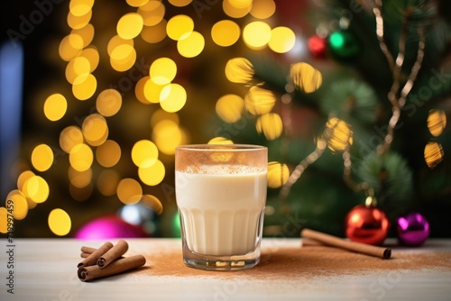 glass of spiked eggnog with bourbon next to christmas lights