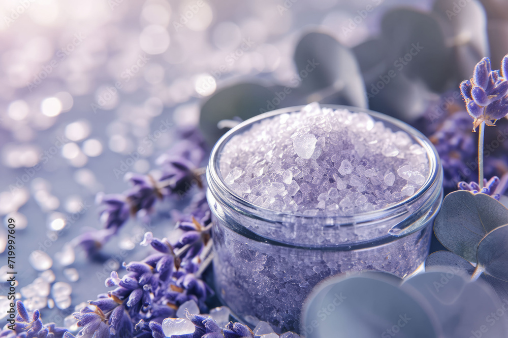 Fototapeta premium A detailed close-up of a glass jar filled with cosmetic sea salt, surrounded by dried lavender and eucalyptus leaves, capturing natural textures and c