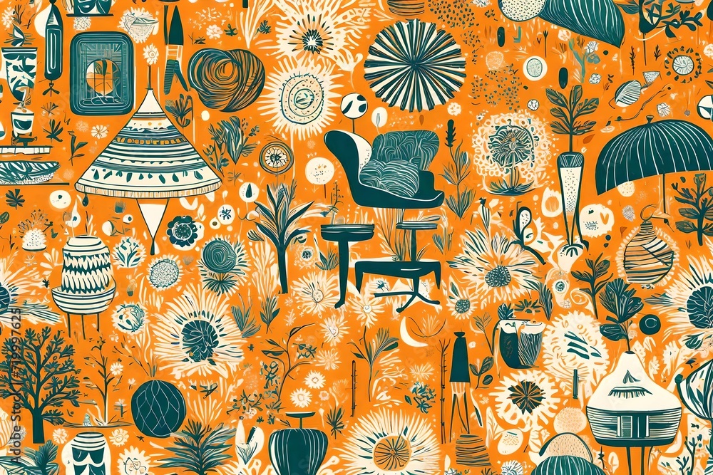 Radiant and lively, an illustration captures the spirit of retro aesthetics, showcasing a seamless pattern of creative drawings against a primary color backdrop.