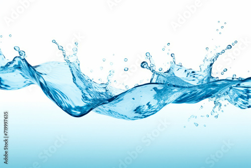 Blue water wave with bubbles and water droplets on white background.