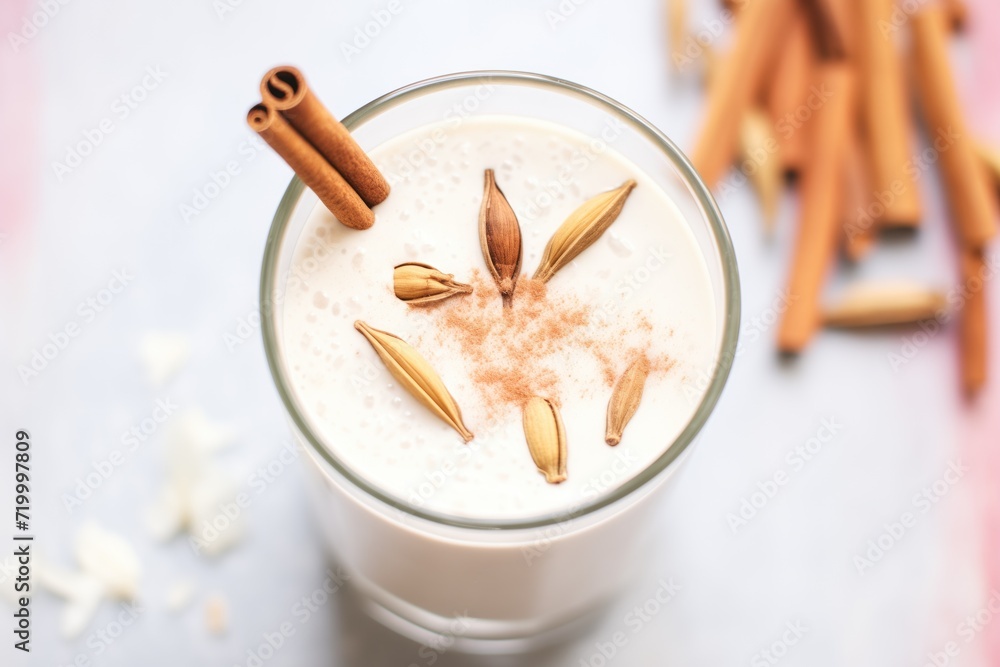 closeup of creamy horchata texture with rice grains visible closeup of creamy horchata texture with rice grains visible