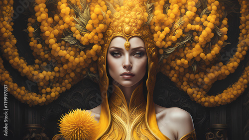 A woman wearing a golden crown and a yellow headdress holding a yellow mimosa flower.