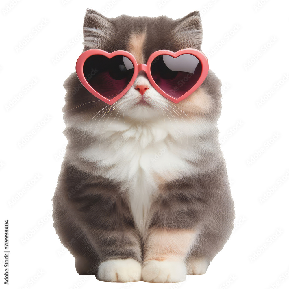 Obraz premium Fluffy Persian cat with big heart-shaped pink sunglasses, isolated on transparent background.