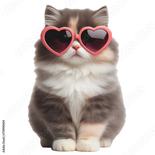 Fluffy Persian cat with big heart-shaped pink sunglasses, isolated on transparent background.