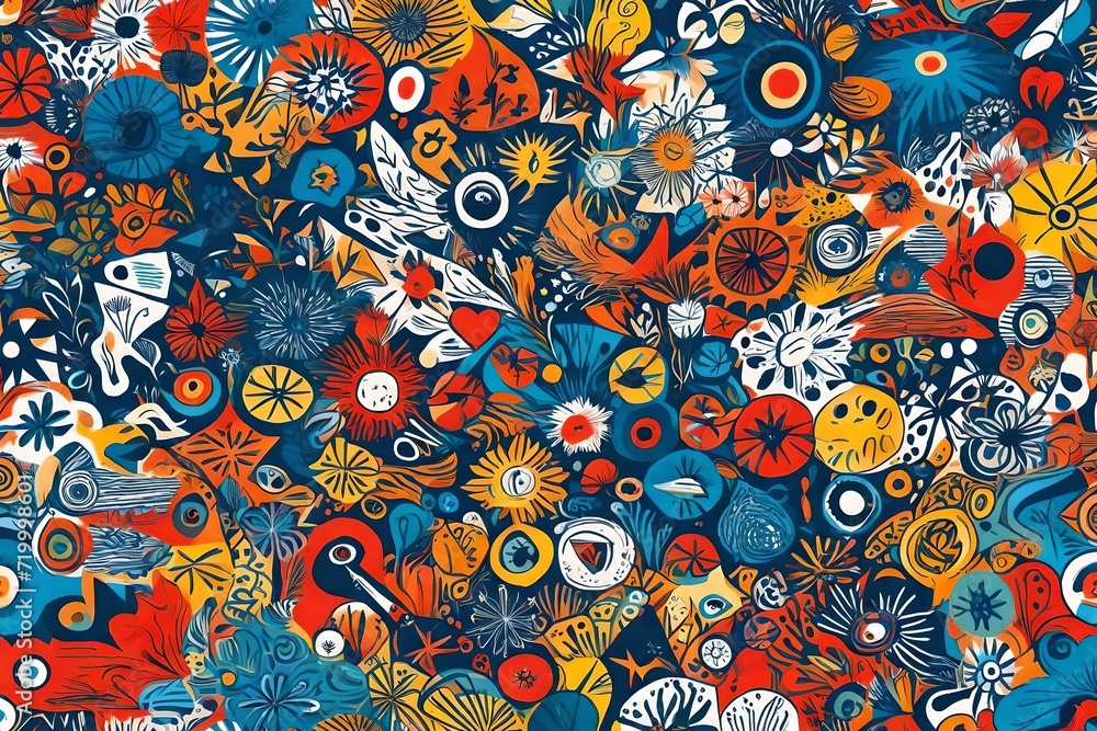 Fototapeta premium Bold and dynamic, an explosion of creative drawings forms a seamless pattern in trendy primary hues on a captivating background.