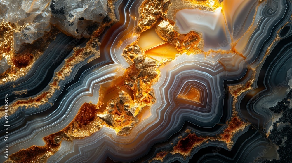 macro photo of large shiny agate, and gold slice background macro photo of large shiny agate, and gold slice background