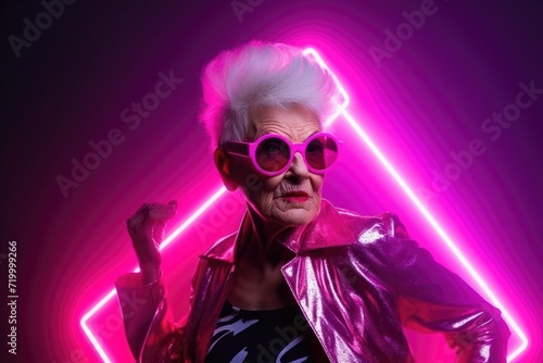 Stylish elderly woman dancing in nightclub in neon light