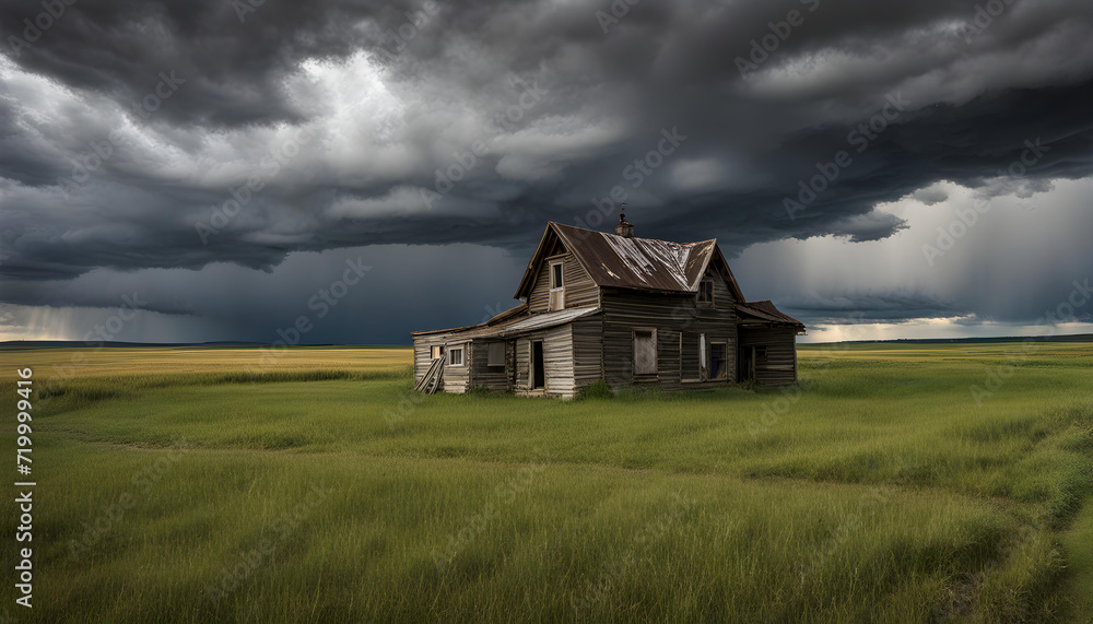 abandoned house in the field on the heavy cloud night abandoned house in the field on the heavy cloud night