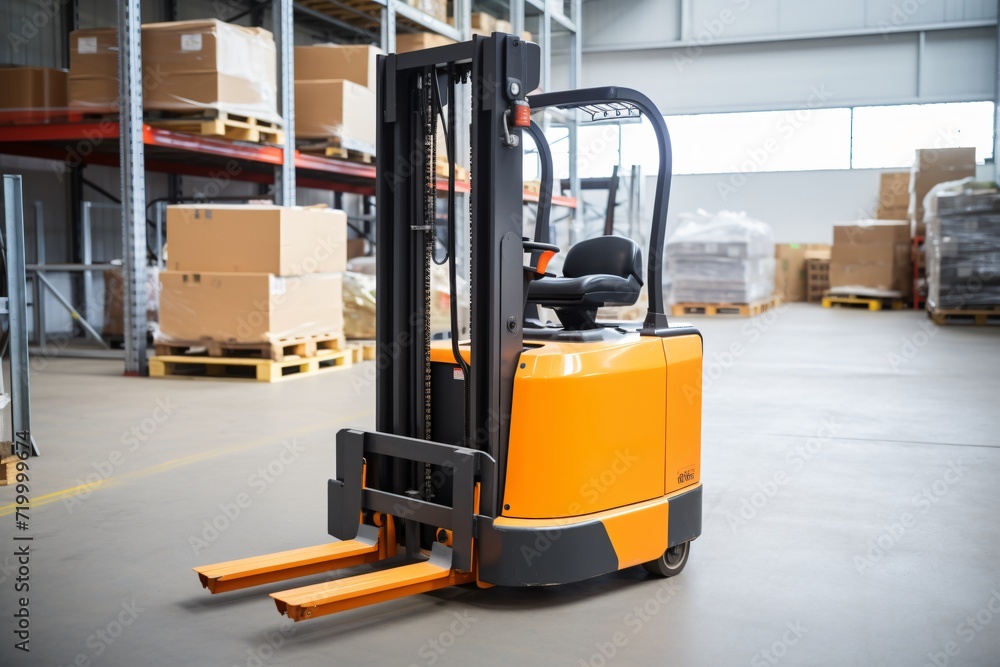 Modern Yellow Forklift in Spacious Warehouse with Stacked Boxes - Industrial Material Handling Equipment