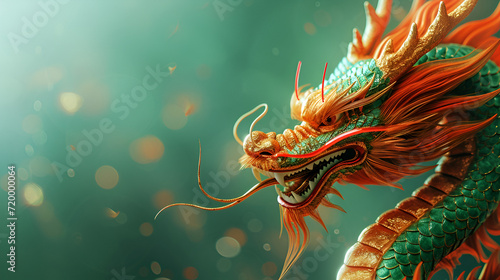 Traditional Asian dragon on green background with copy space , generative ai