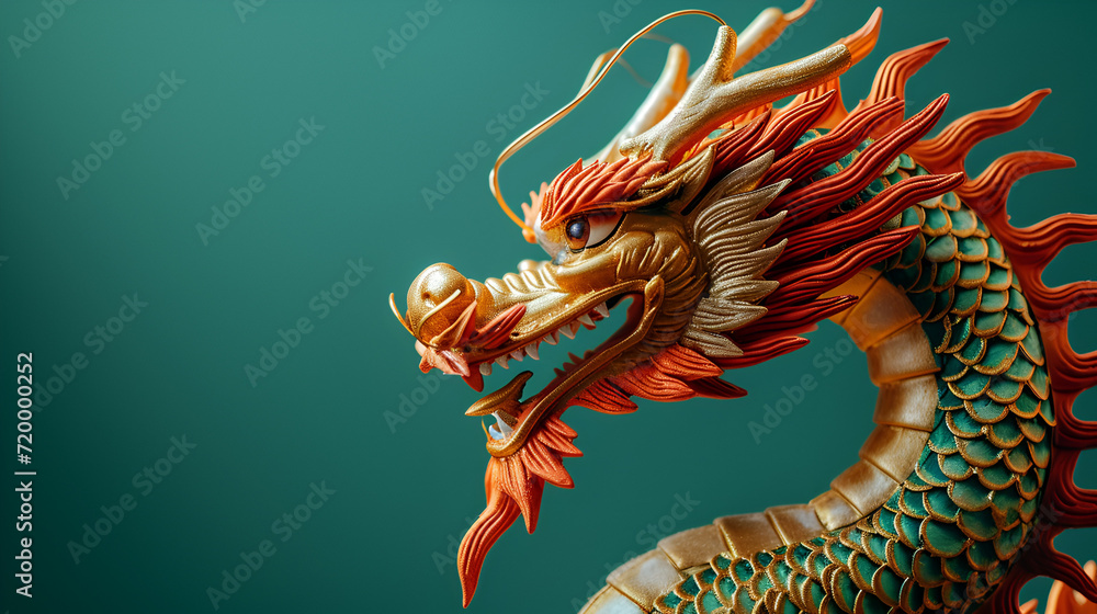 Traditional Asian dragon on green background with copy space , generative ai