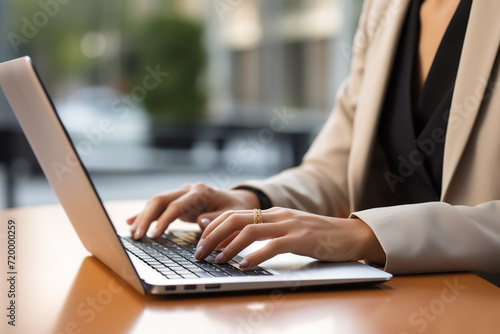 Closeup, business woman hands working and typing on laptop computer keyboard on office table © erika8213