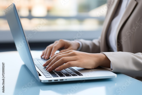 Closeup, business woman hands working and typing on laptop computer keyboard on office table