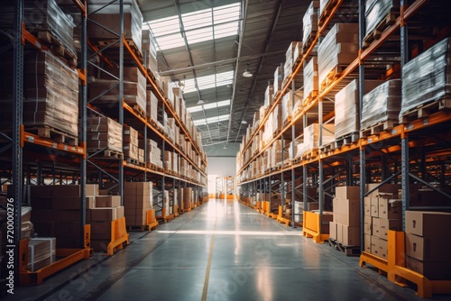 Modern Warehouse Interior: Organized Shelves with Boxes in Bright Lighting