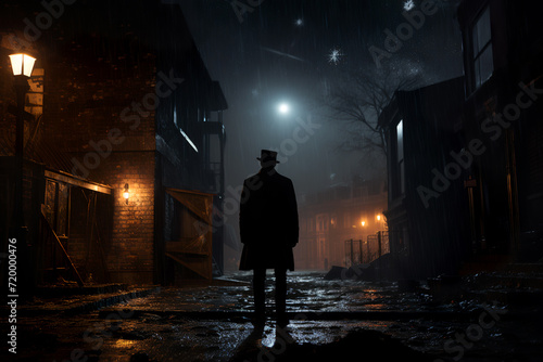 Gloomy Halloween illustration. A dark stranger walks through the dark misty streets of an old town