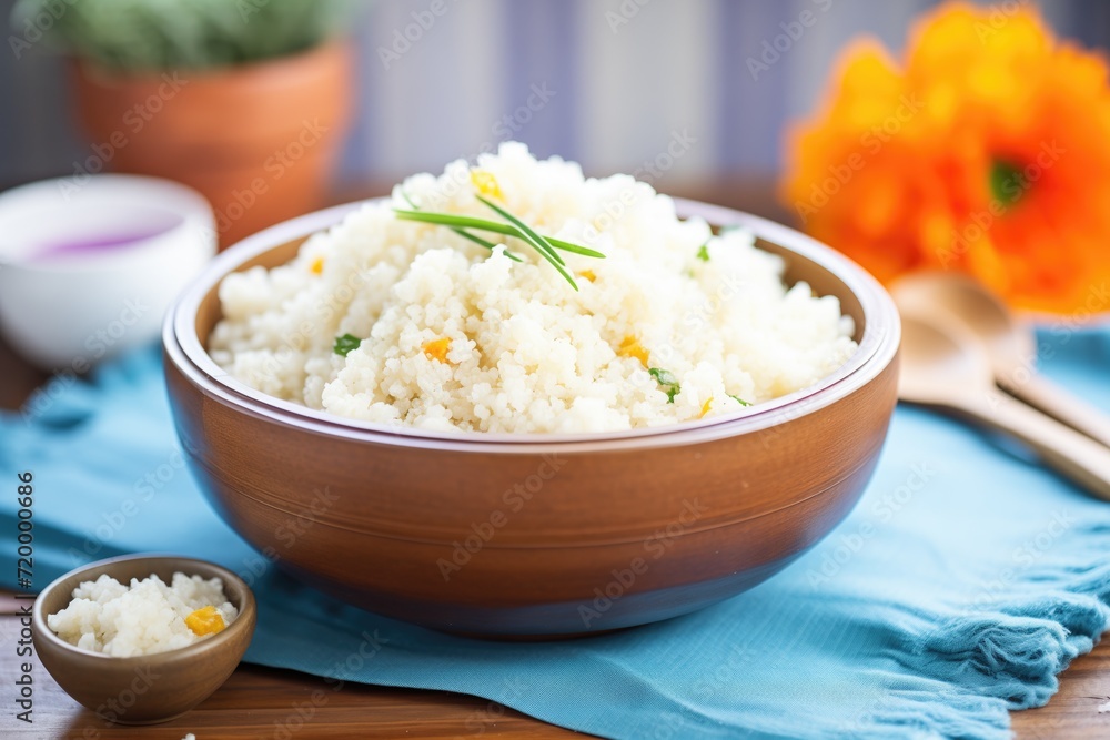 lowcarb cauliflower rice in a ceramic bowl lowcarb cauliflower rice in a ceramic bowl