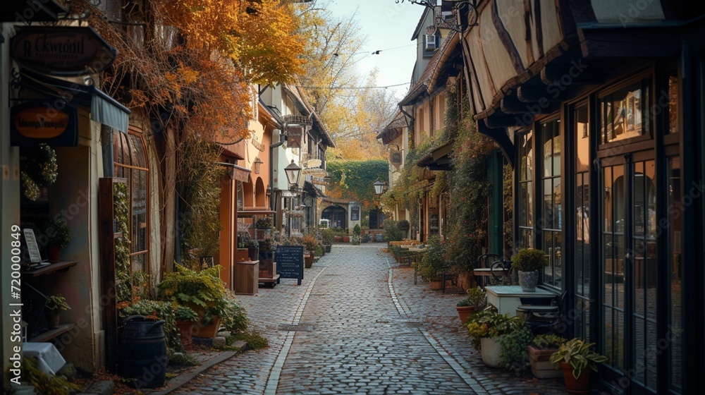 A picturesque street lined with boutique shops, each with its unique character, creating a delightful atmosphere for a leisurely shopping stroll. 