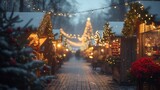 A festive holiday market, with small wooden stalls adorned with twinkling lights and wreaths, creating a warm and festive ambiance.
