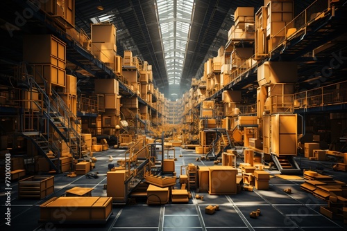 Vast Warehouse Interior  Illuminated Aisles of Stacked Boxes  Organized Storage Space