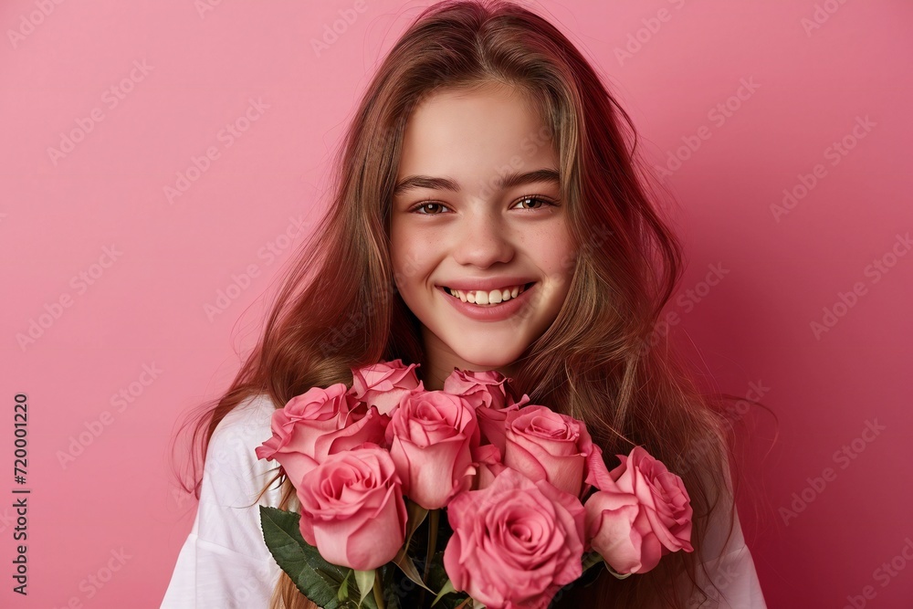 Portrait of gorgeous positive girl hands hold rose bouquet empty space isolated on pink color background Portrait of gorgeous positive girl hands hold rose bouquet empty space isolated on pink color background