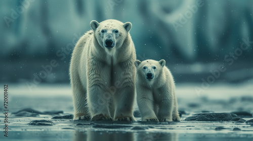 Mother Polar Bear with Her Cub