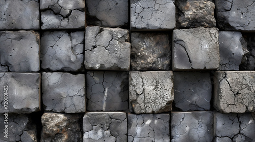 Severely cracked grey paving stones stacked in a square grid photo