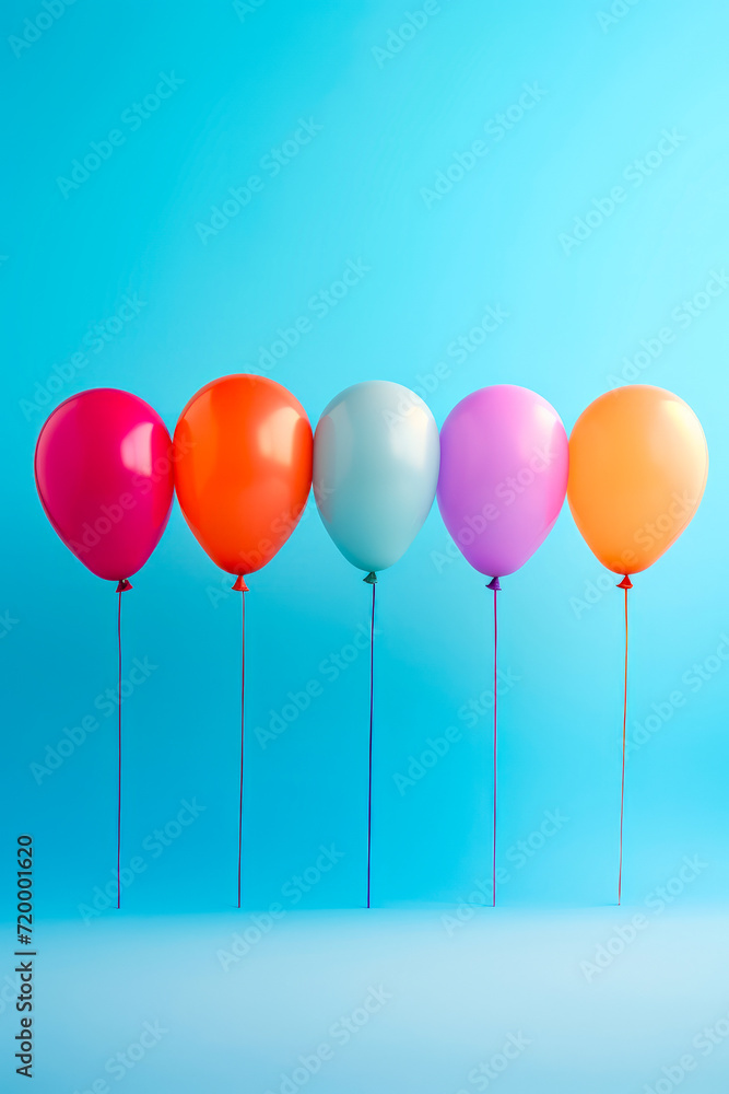 Row of balloons with blue background behind them,.