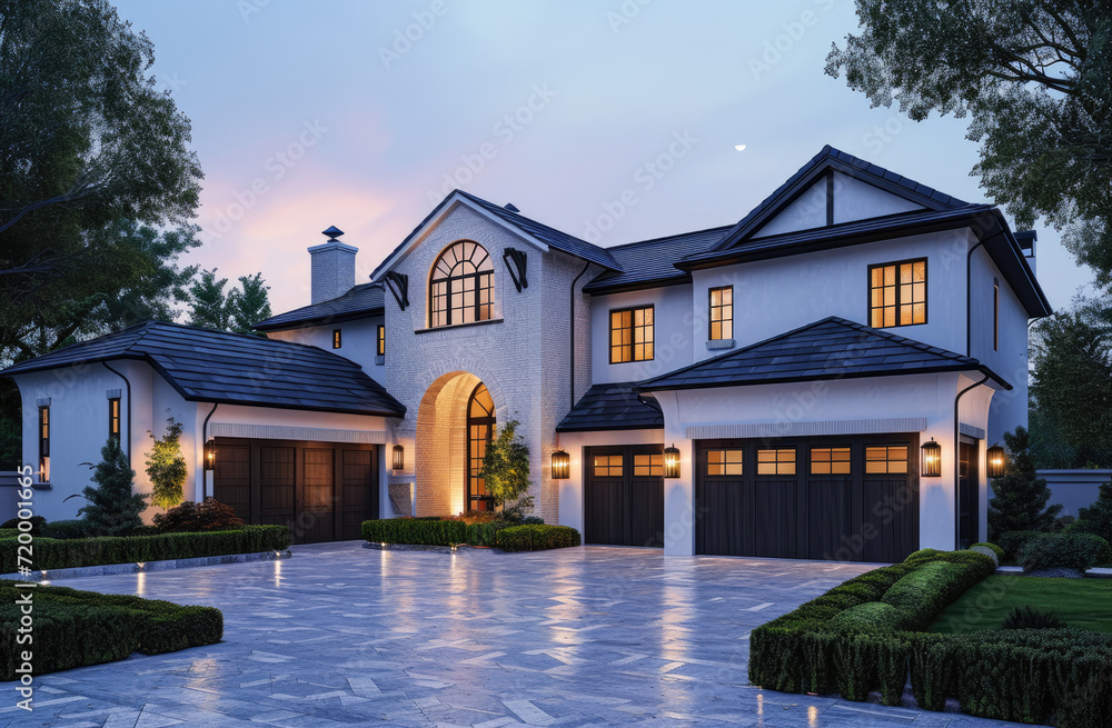 beautiful front exterior of a home at dusk