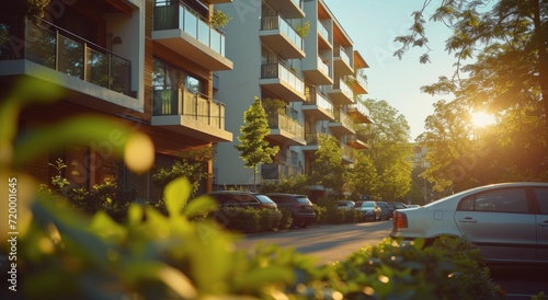 a contemporary apartment building on a street in sunny day