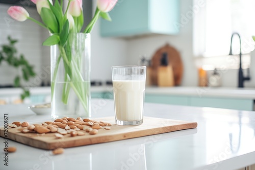 soy milk alongside almonds on a modern kitchen counter photo