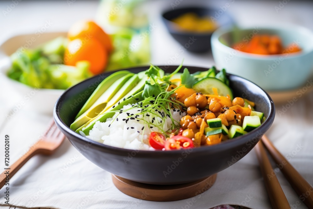 vegan buddha bowl with chickpeas, avocado, rice