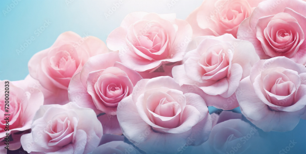 a bunch of pink roses are in a bouquet on a blue background with a soft light effect to the center, generative ai