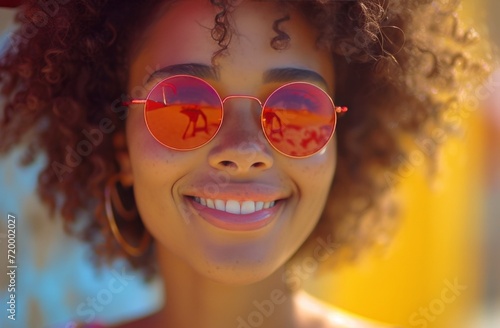 a woman smiling wearing red sunglasses
