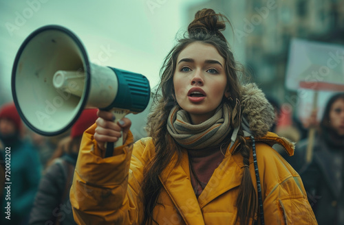 a woman holding a megaphone and protesting street signs,