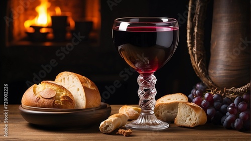 Photo chalice with wine and grapes and sour bread symbol of communion  generative ai