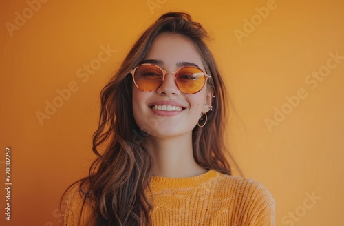 a girl with sunglasses on an orange background