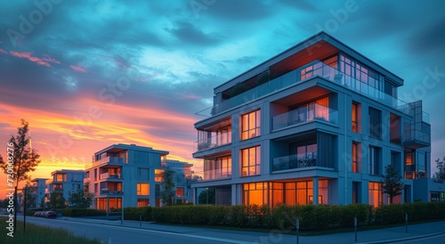modern apartment building near the street at sunset