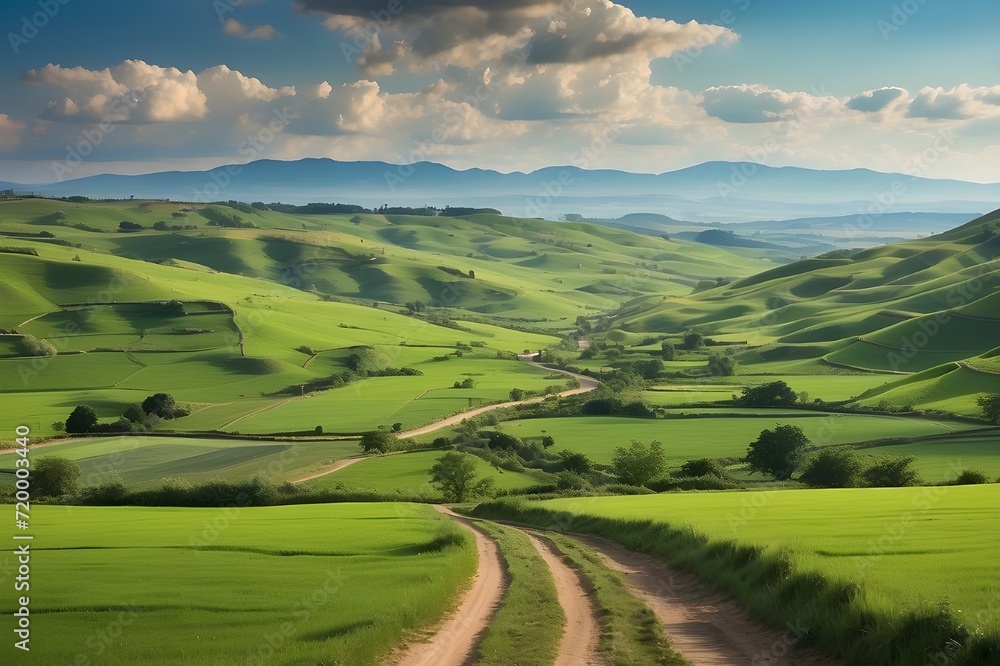 landscape with green fields and blue sky landscape with green fields and blue sky