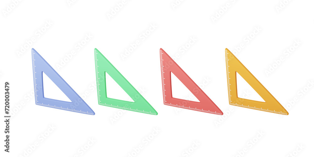 3D illustration of a set of colorful triangular rulers set square isolated on transparent background 3D illustration of a set of colorful triangular rulers set square isolated on transparent background