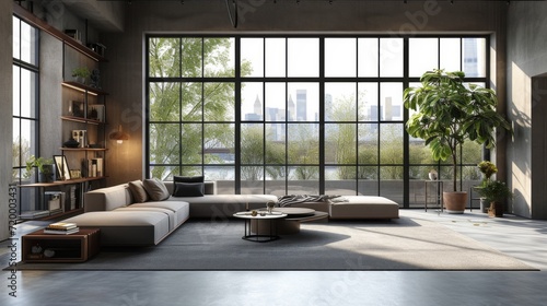 new interior of modern interiors modern living room with large windows and gray carpet © olegganko