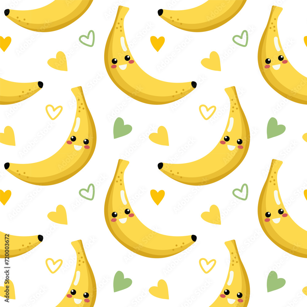 Seamless pattern with kawaii fruit drawing. Kids friendly pattern design with cute banana character on purple background