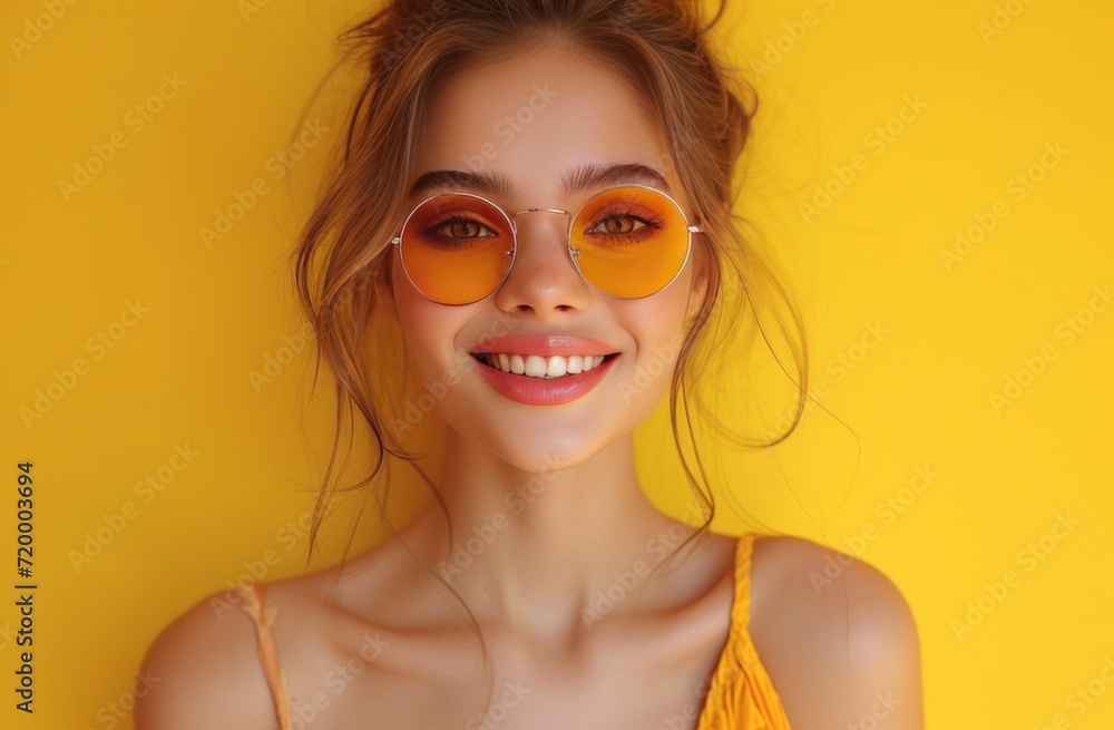 smiling young woman with sunglasses on yellow background smiling young woman with sunglasses on yellow background