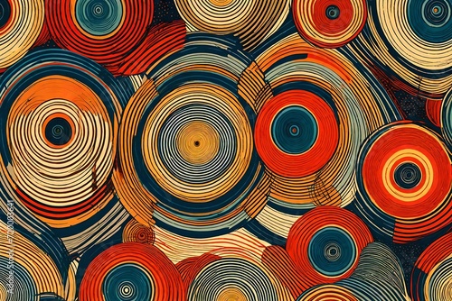 Elegance meets energy as concentric circles dance in a seamless pattern, capturing the spirit of retro aesthetics with vibrant primary color allure.