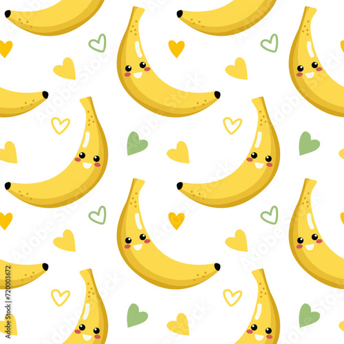 Seamless pattern with kawaii fruit drawing. Kids friendly pattern design with cute banana character on purple background