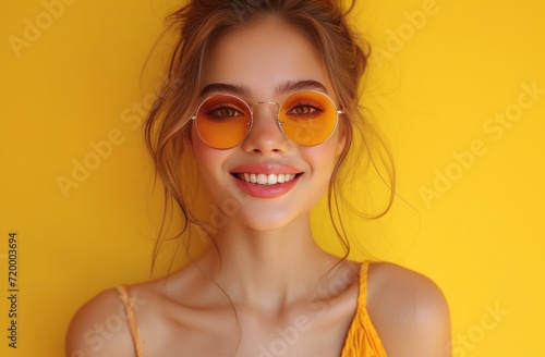 smiling young woman with sunglasses on yellow background